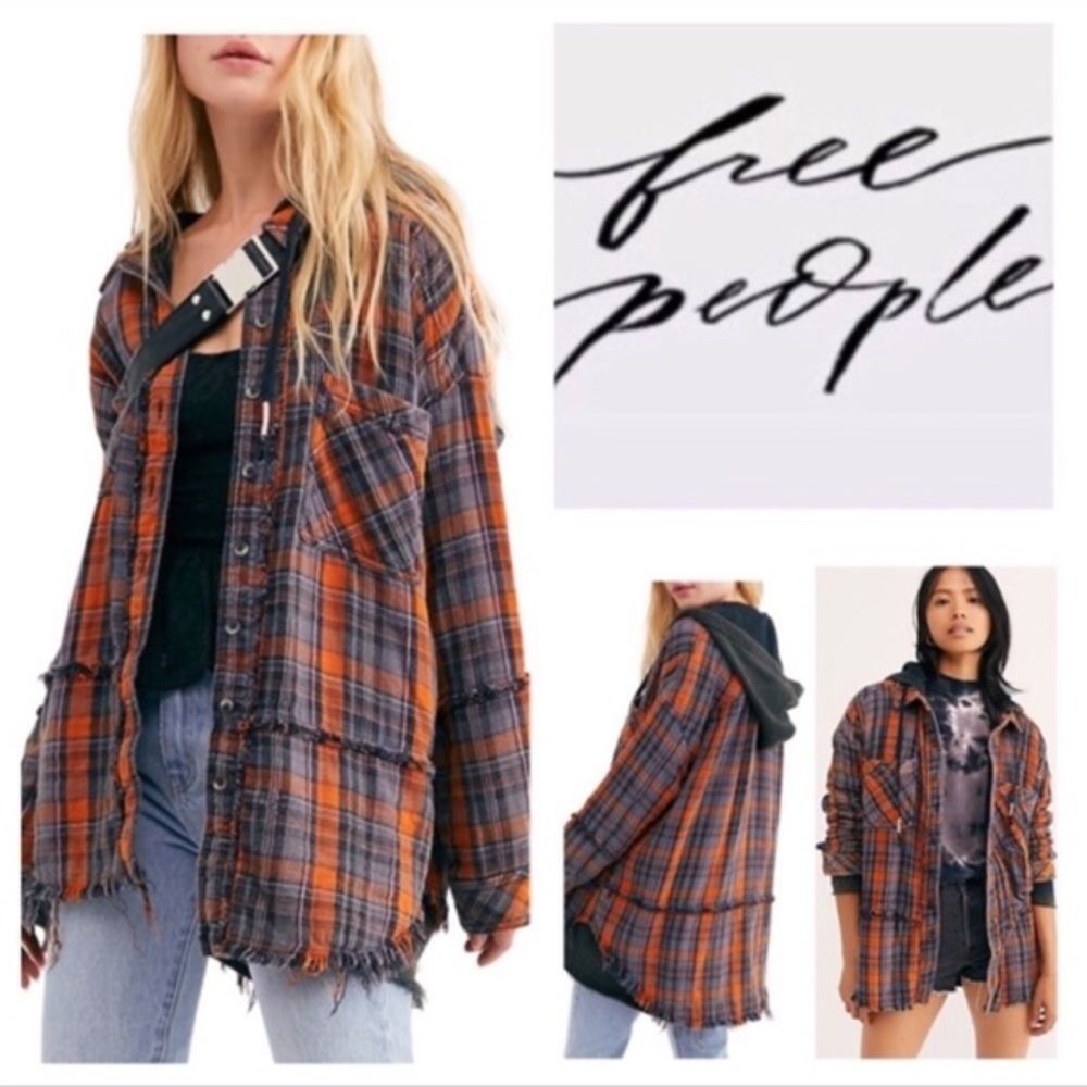 Free People We the Free Calico Basin Distressed Flannel Hoodie